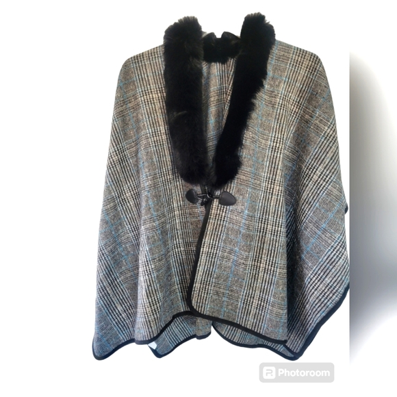 topitoff Jackets & Blazers - Topitoff women's wrap with faux fur at neckline black plaid with blue one size
